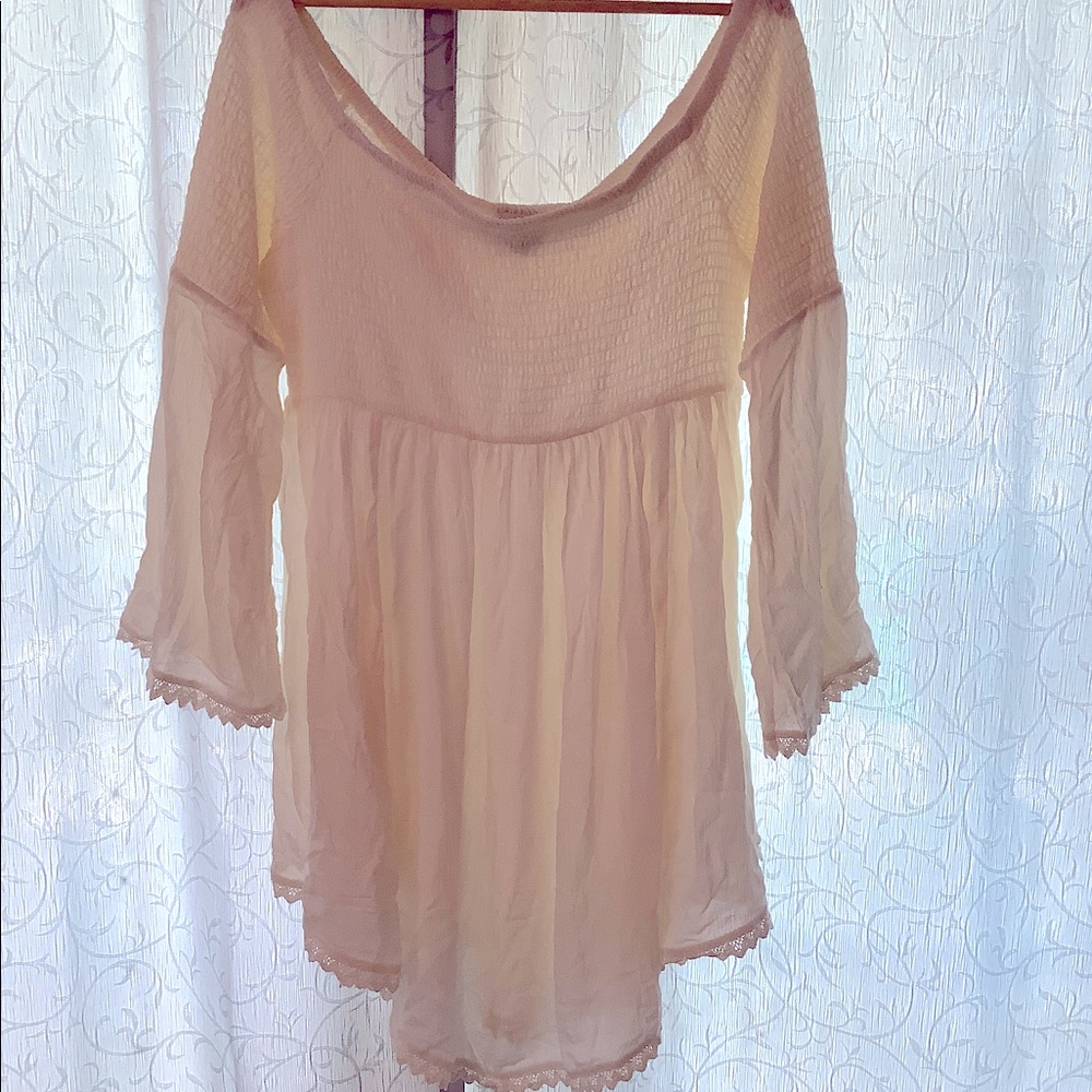 Torrid ivory gauze smocked coverup dress with bell sleeves size 2